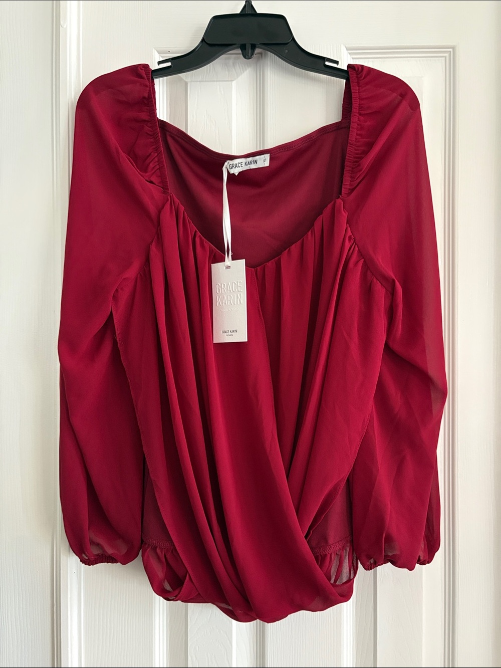Grace Karin Red Crossover Long-Sleeve sheer lined drape Blouse Women’s XL NWT